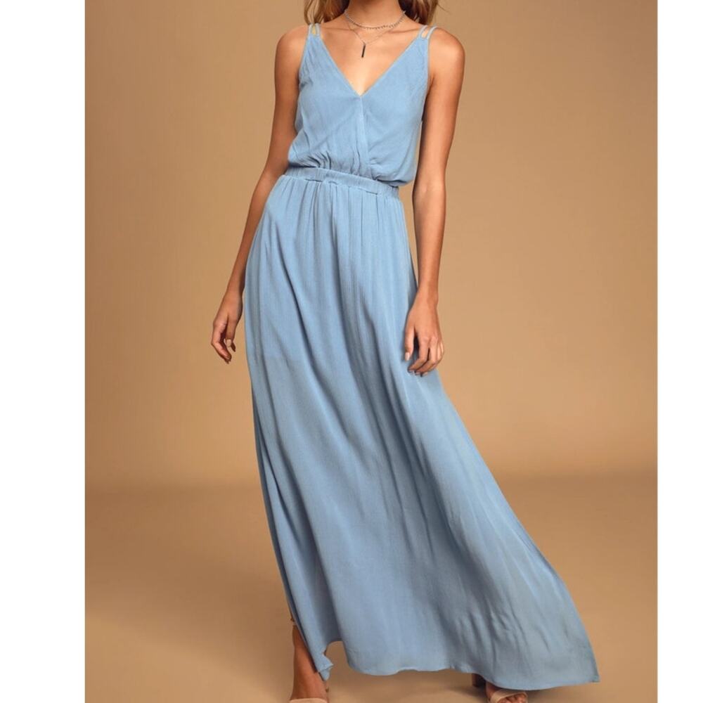 Lulus Lost In Paradise Side Slit Open Back Maxi Dress Women's XS Slate Blue